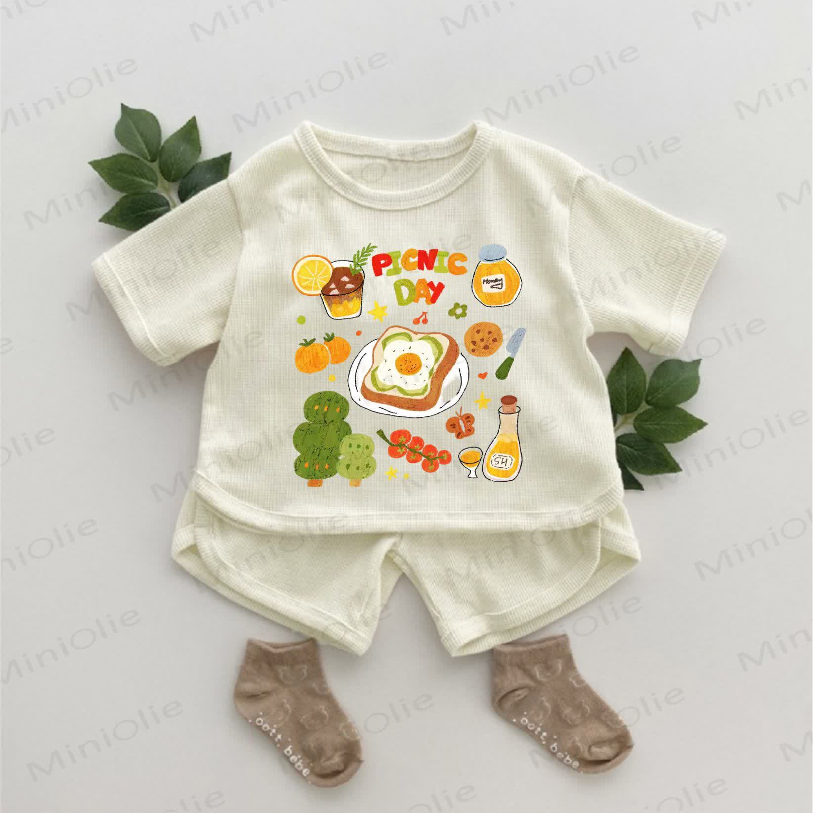 ピクニックの日 ベビーピクニックフードプリントスローガンワッフル2点セット - アプリコット - 2～3歳 - image 1