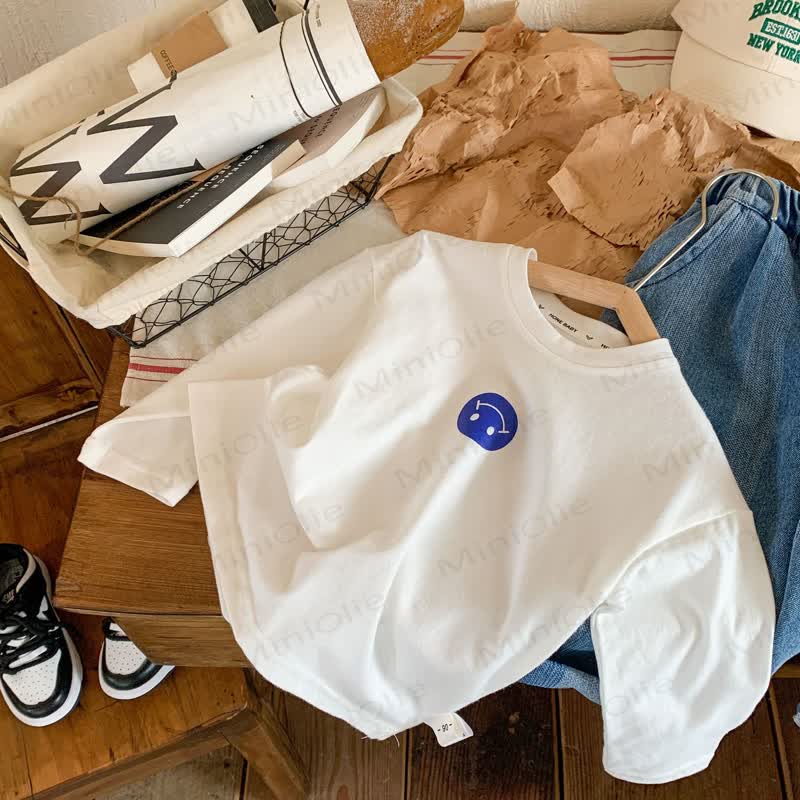 キッズスマイルフェイスホワイトシンプルTシャツ - 青い笑顔 - 12歳 - image 7