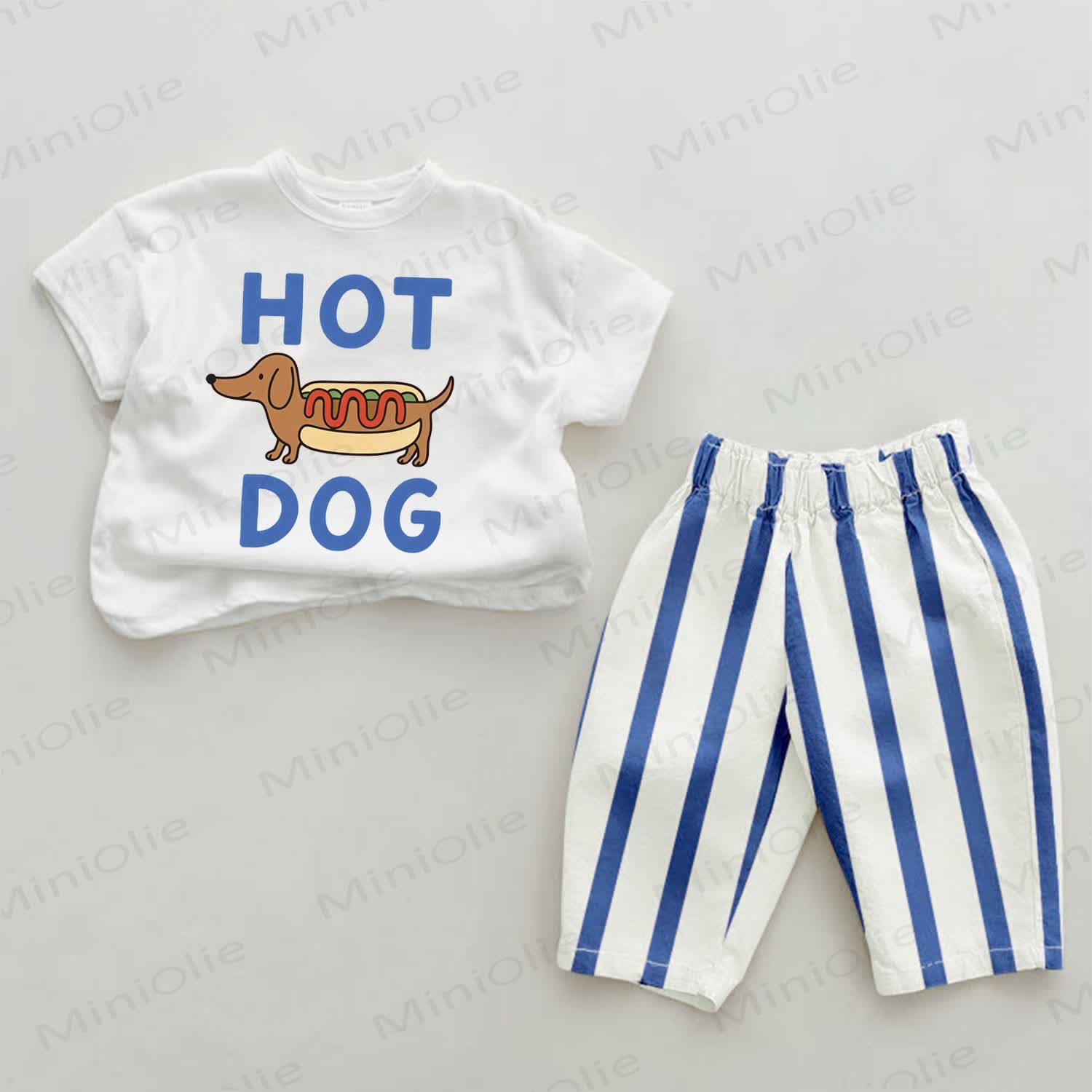 HOT DOG柄 ベビーブルー 縦ストライプ 2点セット - ホワイト＆ブルー - 2～3歳 - image 1