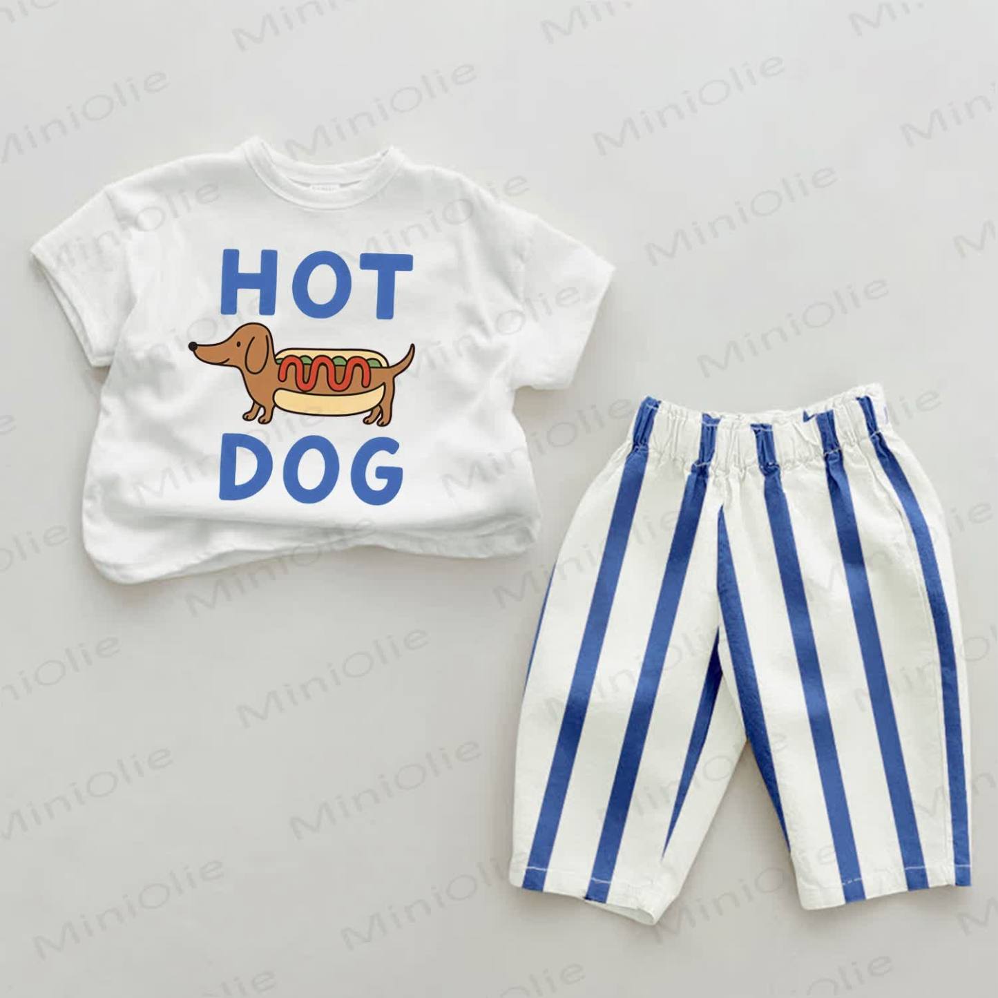HOT DOG柄 ベビーブルー 縦ストライプ 2点セット - ホワイト＆ブルー - 2～3歳 - image 1