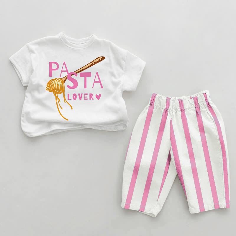 PASTA LOVERのベビーガール ピンクの縦ストライプ柄ツーピースセット - ホワイト＆ピンク - 2～3歳 - image 1