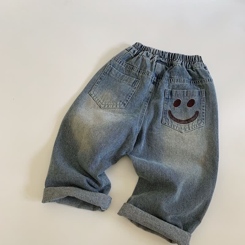 幼児男の子用デニム刺繍スマイルパンツ - 青 - 9-11T - image 1