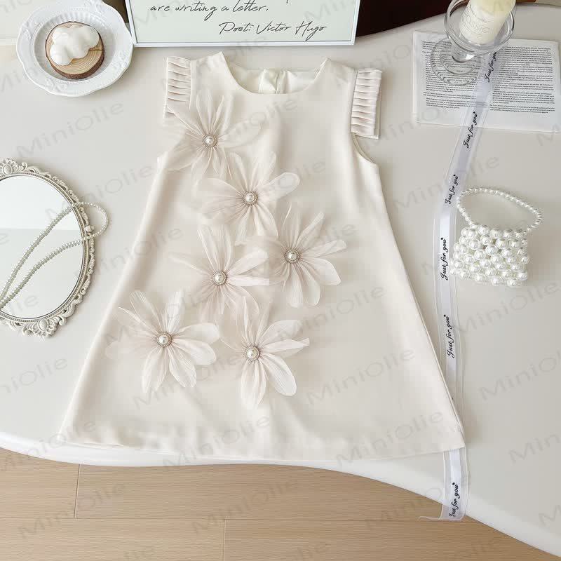 幼児用3Dフラワーノースリーブ優雅ドレス - ベージュ - 10歳 - image 1