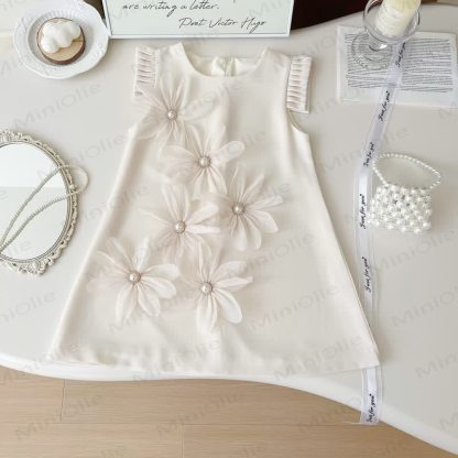 幼児用3Dフラワーノースリーブ優雅ドレス - ベージュ - 10歳 - image 1