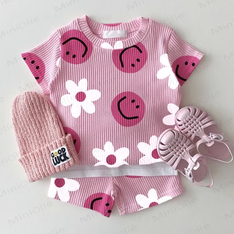 ベビースマイルフェイスフローラルピンクワッフル2ピースセット - ピンク - 2～3歳 - image 1