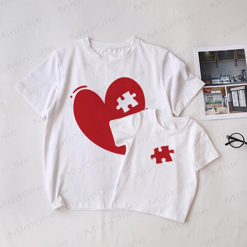 ラブハートパズル ホワイトファミリーマッチングTシャツ - 白 - 大人用Tシャツ: XL - image 1