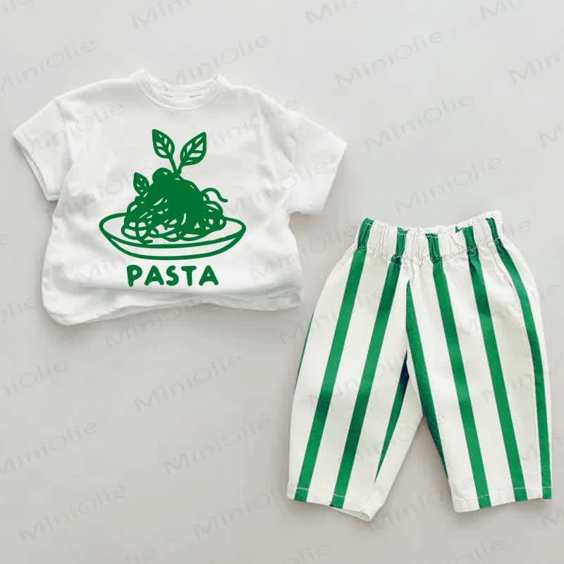 PASTAベビーグリーン 縦縞 2点セット - ホワイト＆グリーン - 2～3歳 - image 1