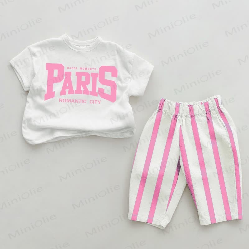 PARIS ROMANTIC CITYベビーピンク 縦縞 2点セット - ホワイト＆ピンク - 2～3歳 - image 1