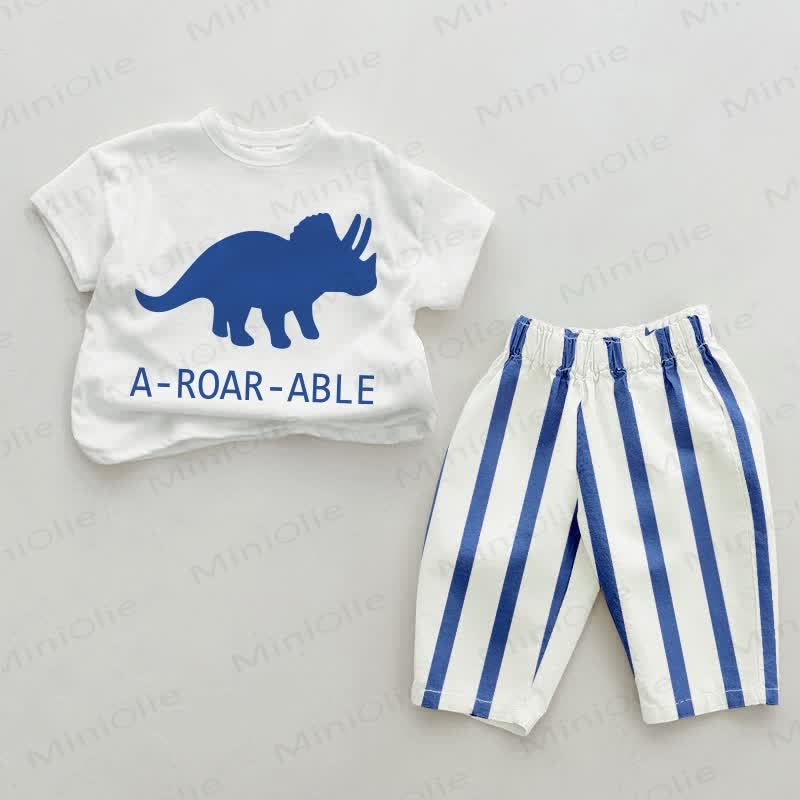 A-ROAR-ABLE ベビー恐竜ブルー縦縞2点セット - ホワイト＆ブルー - 2～3歳 - image 1