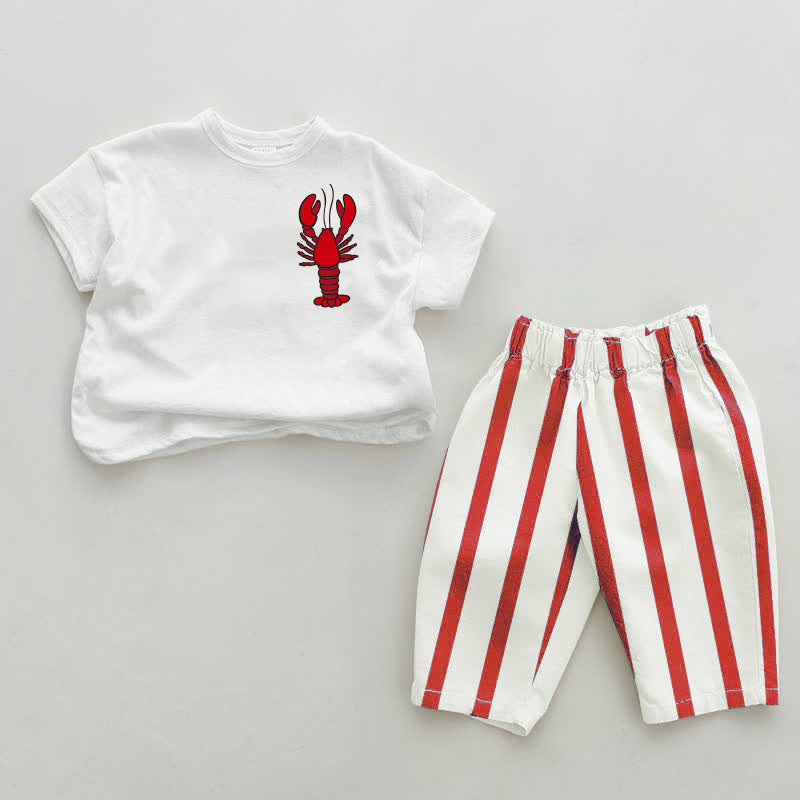 ベビー幼児用ロブスター柄レッド縦ストライプ2点セット - 白と赤 - 4～5歳 - image 1