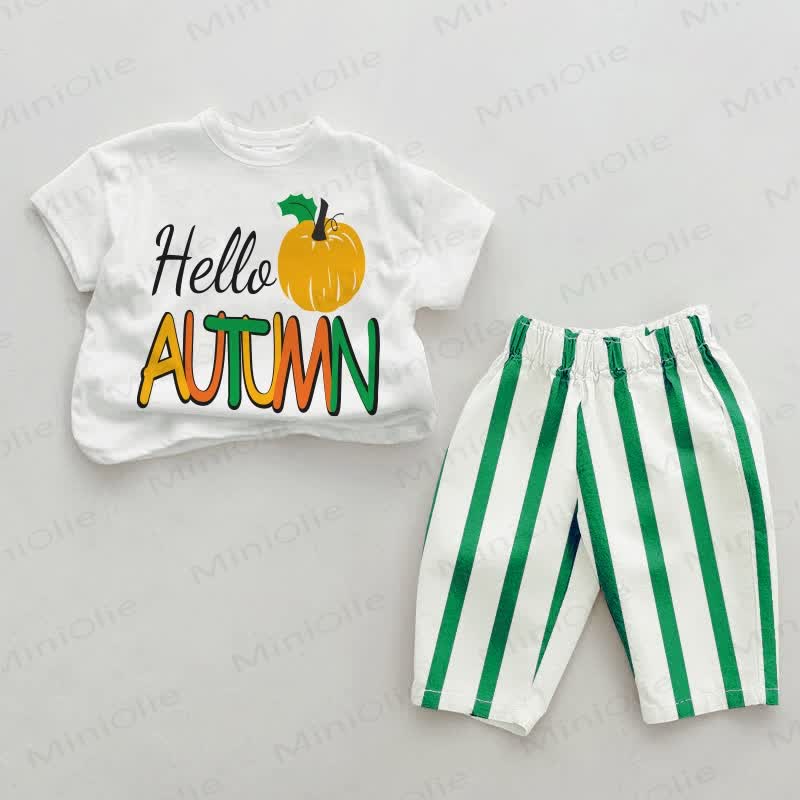 HELLO AUTUMN ベビーグリーン 縦縞 2点セット - ホワイト＆グリーン - 2～3歳 - image 1