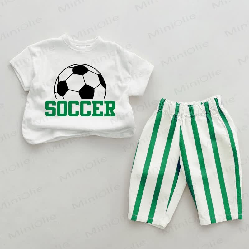 SOCCERベビーグリーン 縦縞 2点セット - ホワイト＆グリーン - 2～3歳 - image 1