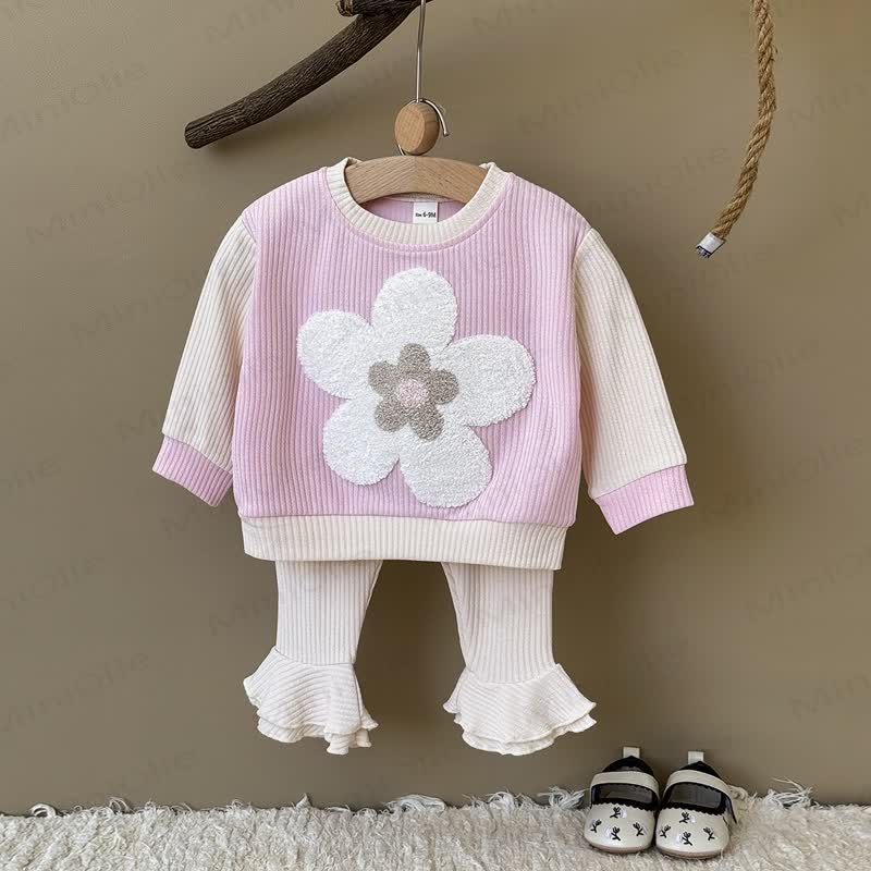 ベビー フラワー柄スウェットシャツ＆パンツ リブ編み 2点セット - ピンク - 2～3歳 - image 1