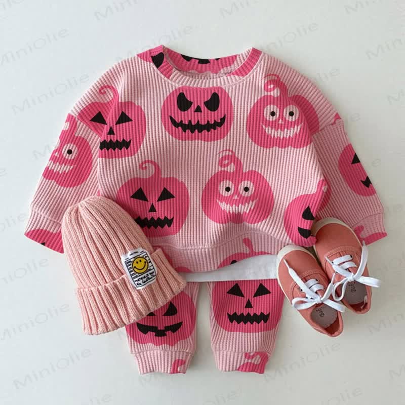 ベビー幼児用ピンクハロウィンパンプキンワッフル2ピースセット - ピンク - 2～3歳 - image 1