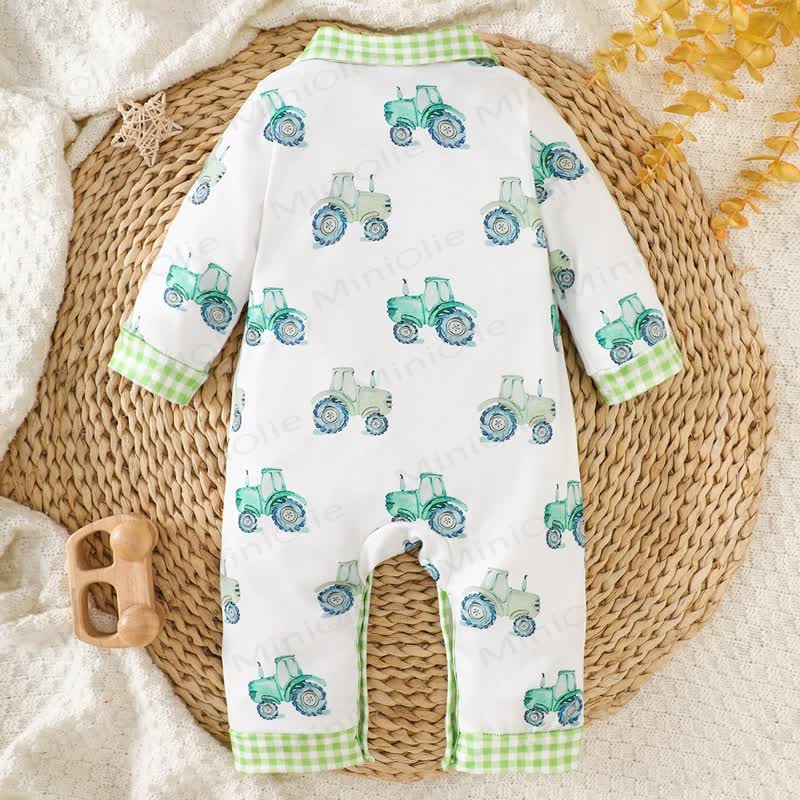 男の子用チェック柄カラートラクターロンパース - image 2