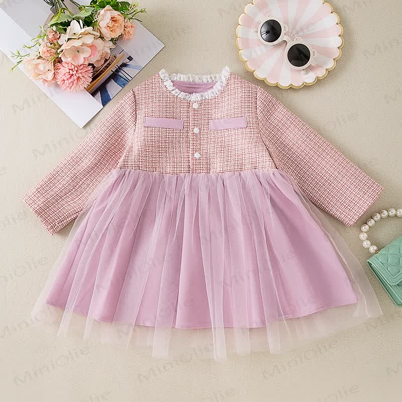 女の子用レースネックライン ピンクメッシュドレス - ピンク - 2～3歳 - image 1