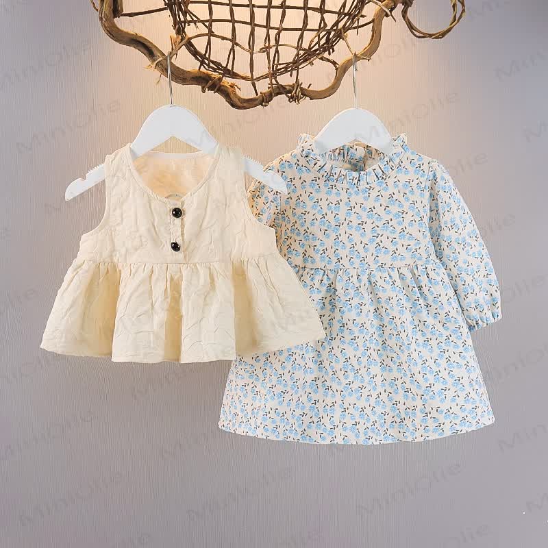 ベビー幼児用2ピースセット花柄ドレス - ベージュ＆ブルー - 5～7歳 - image 1