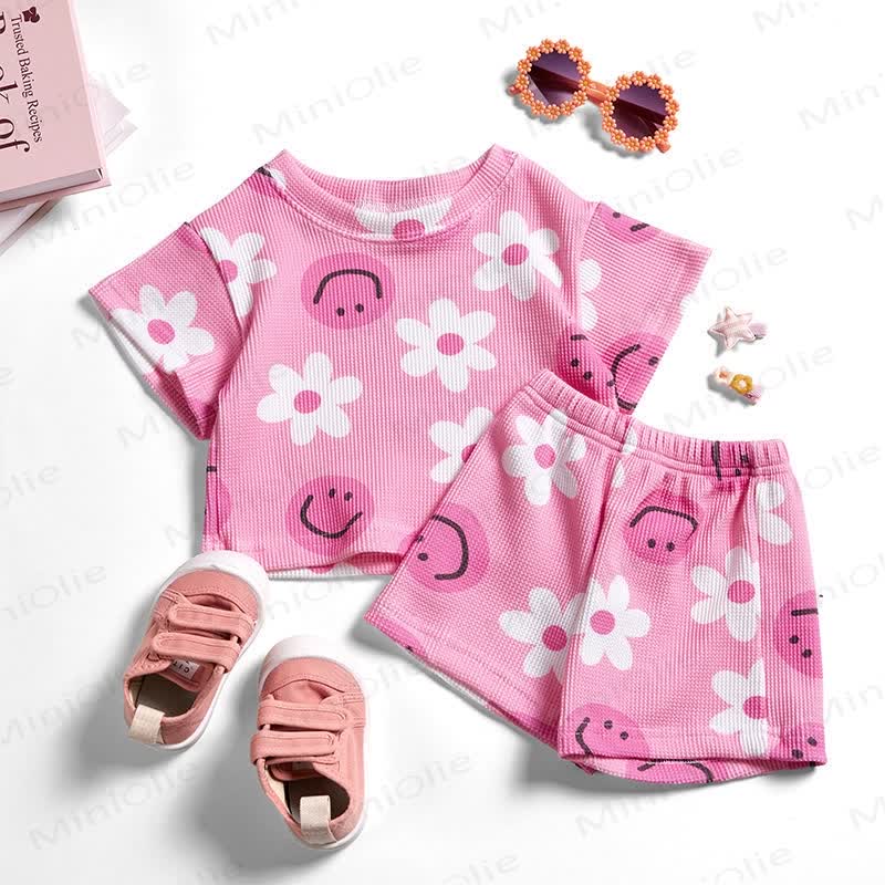 ベビースマイルフェイスフローラルピンクワッフル2ピースセット - image 2