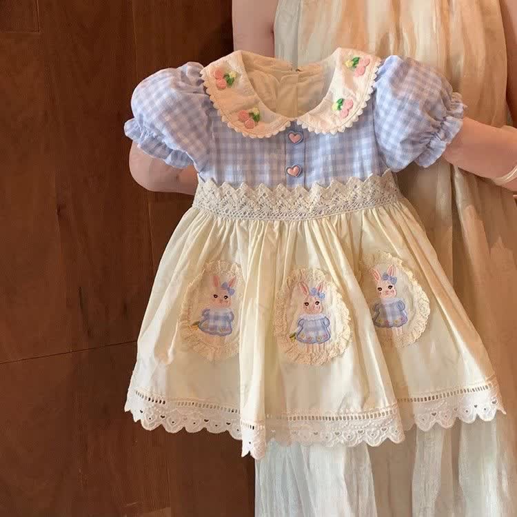 幼児用チェリーラビットチェック柄ドレス - ブルー＆ベージュ - 4～5歳 - image 1
