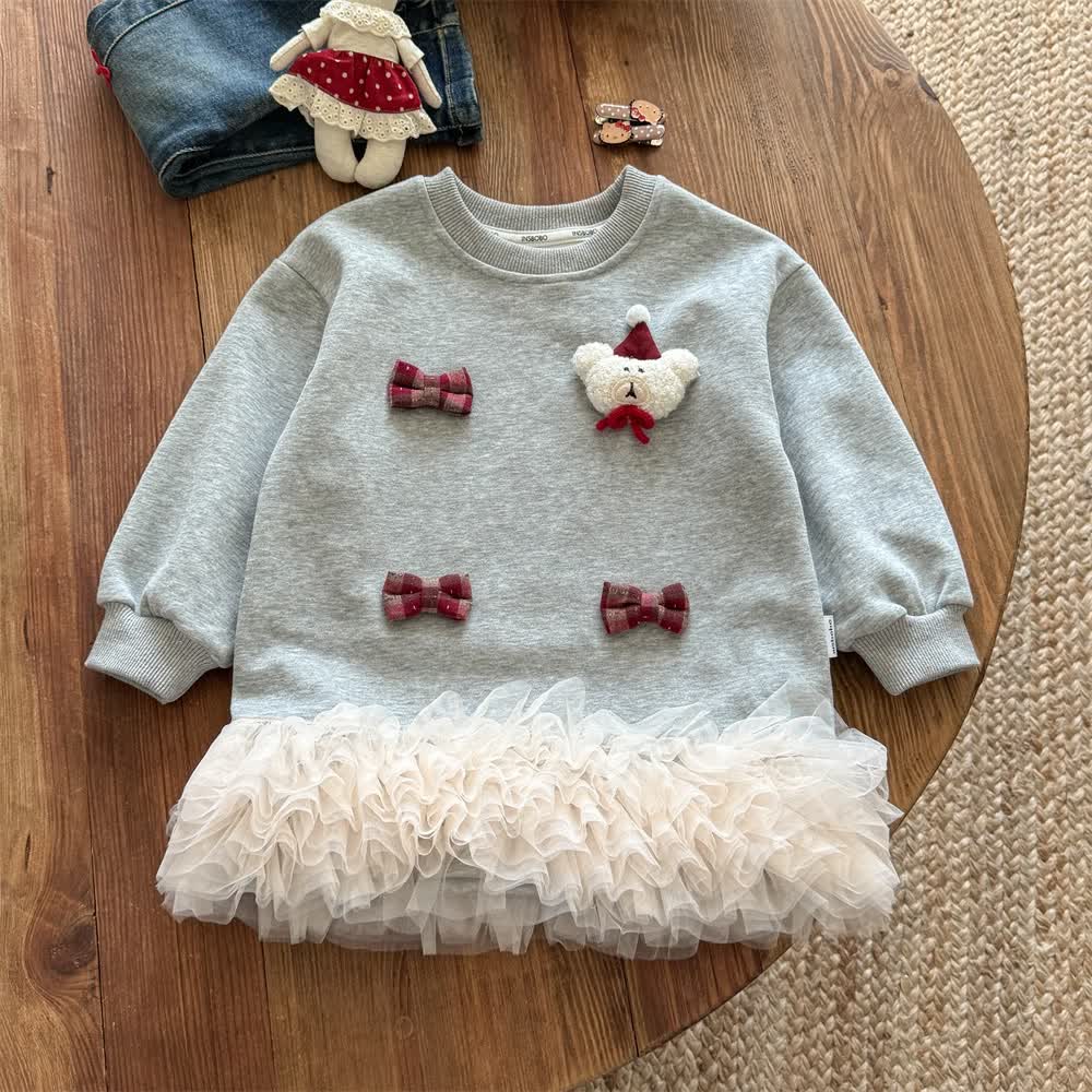幼児用リボン付きクリスマスベアスウェットシャツメッシュドレス - グレー - 4～5歳 - image 1