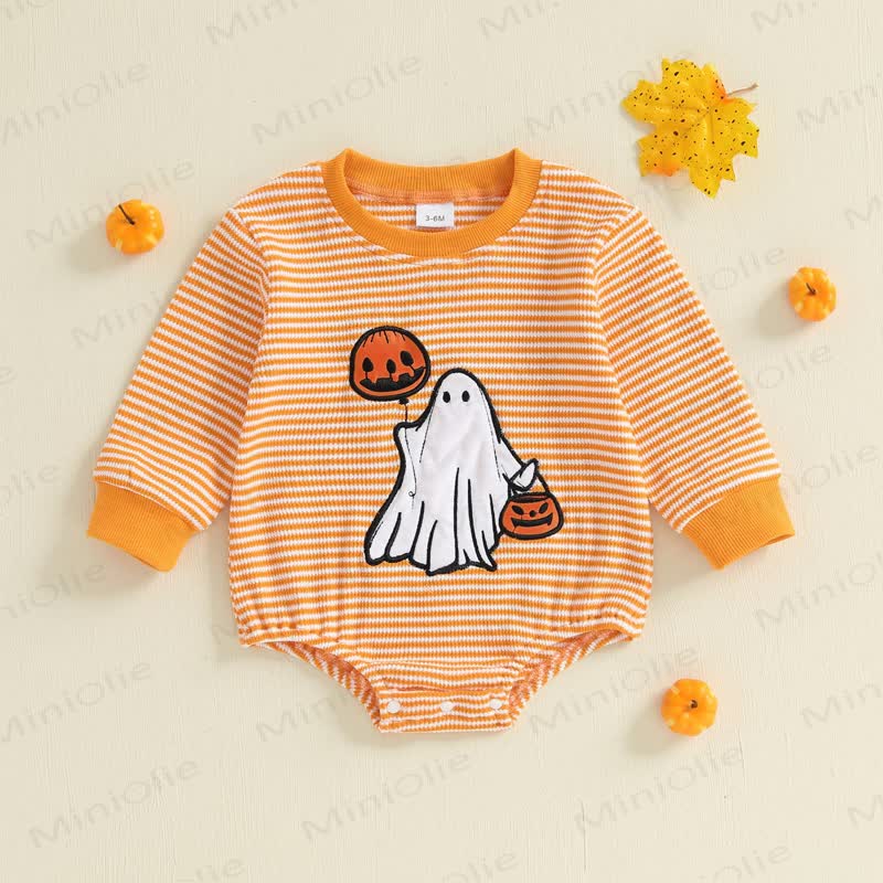 ベビー用ストライプ柄ハロウィンゴーストボディスーツ - オレンジ - 12～18ヶ月 - image 1