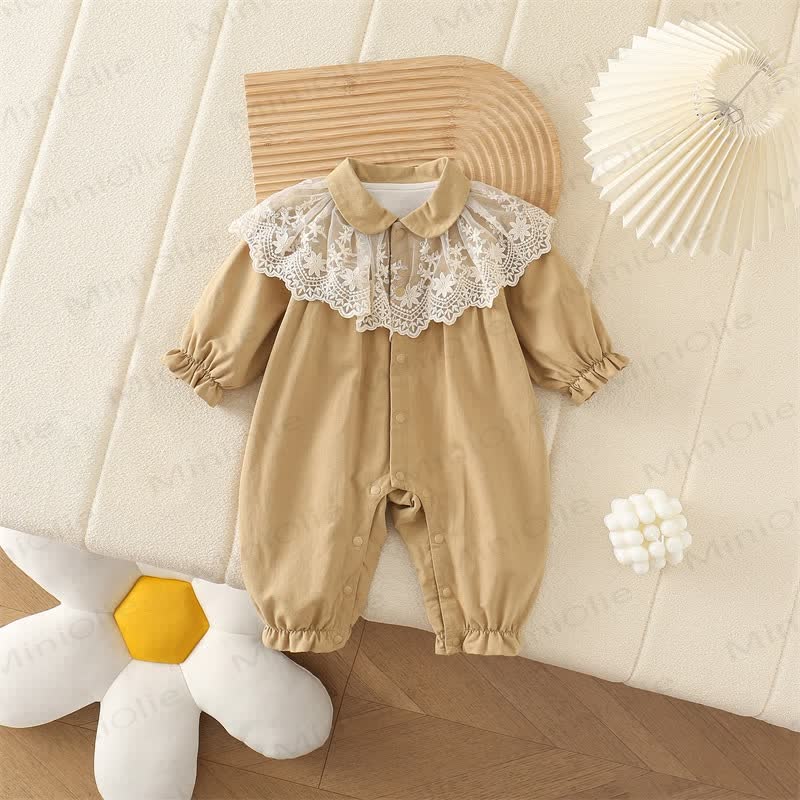 女の子用レースカラーカーキロンパース - カーキ - 18～24ヶ月 - image 1
