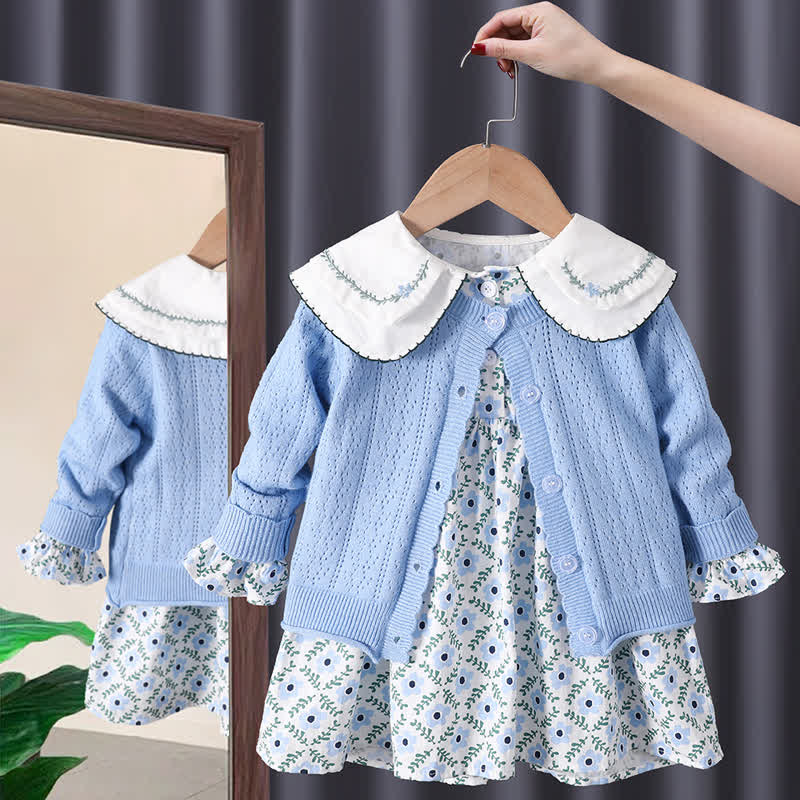 幼児用花柄ドレスとカーディガン - 青 - 3～5歳 - image 1