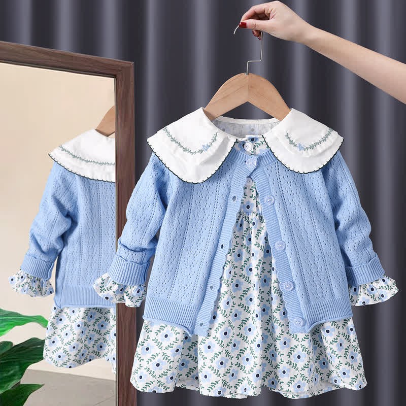 幼児用花柄ドレスとカーディガン - 青 - 3～5歳 - image 1