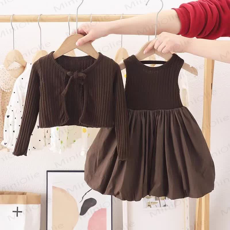 ベビー幼児女の子用無地コーヒー色ノースリーブドレス - コーヒー - 5～7歳 - image 1