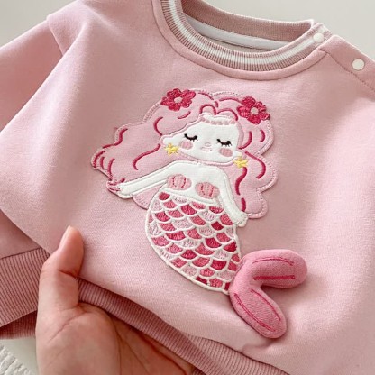 女の子用マーメイドフラワーキルティングピンクスウェットシャツ/ストライプレギンス - image 9