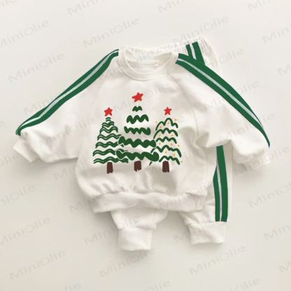ベビー幼児用可愛いクリスマスツリー グリーンストライプ 2点セット - ホワイト＆グリーン - 3～5歳 - image 1