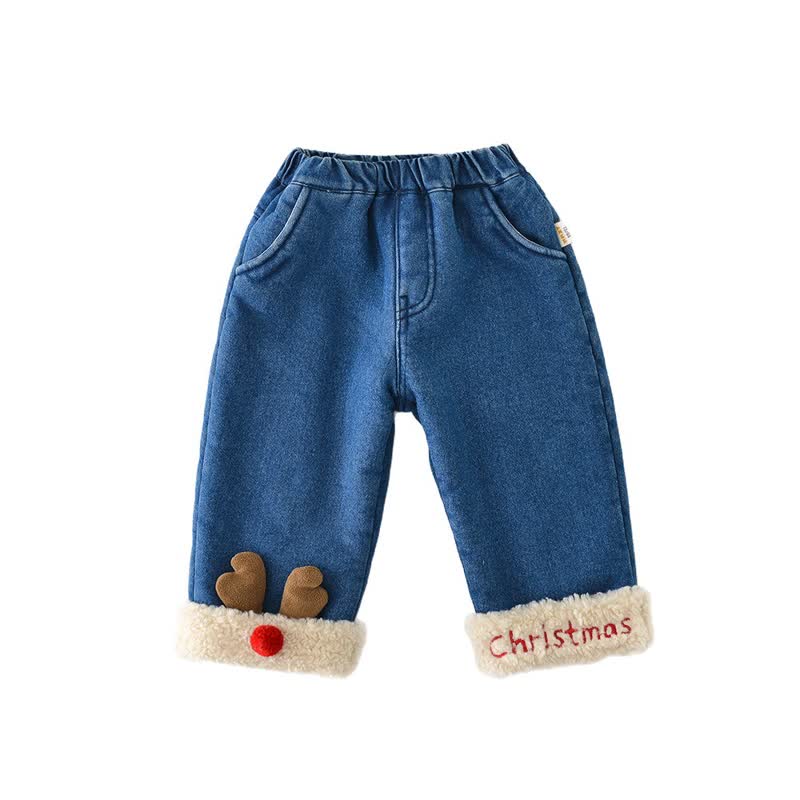 CHRISTMASベビー デニム ディアフリース 裏地パンツ - 青 - 2～3歳 - image 3