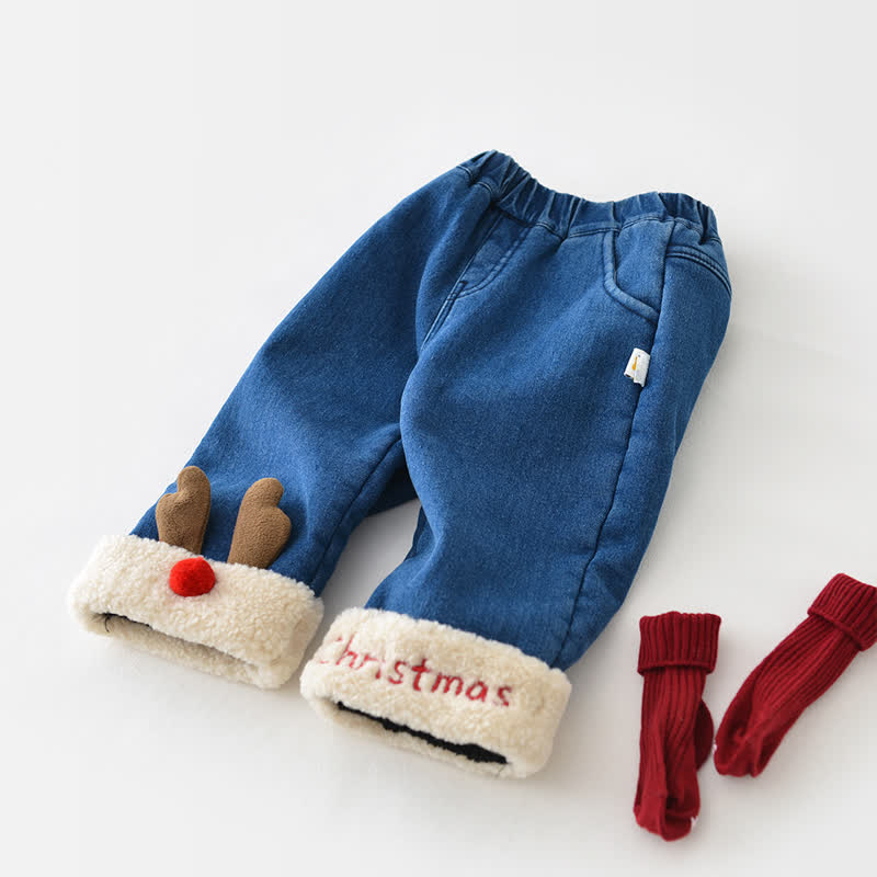CHRISTMASベビー デニム ディアフリース 裏地パンツ - image 1