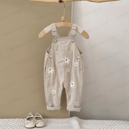 女の子用コードニット刺繍フラワーオーバーオール - ベージュ - 2-3Y - image 1