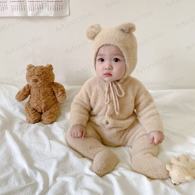 ベビー用フリース素材のクマ耳付き足つきロンパース（帽子付き） - ベージュ - 2～3歳 - image 2