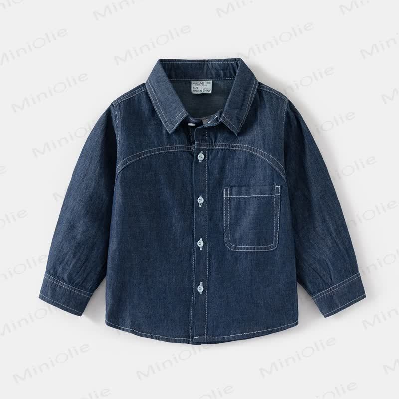 キッズボーイズ無地ヴィンテージデニムシャツ - ダークブルー - 8歳 - image 2