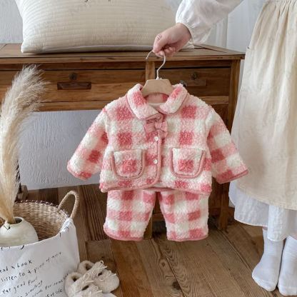 ベビー 幼児 女の子 フリース レッド ホワイト チェック アウターウェア & パンツ - image 1