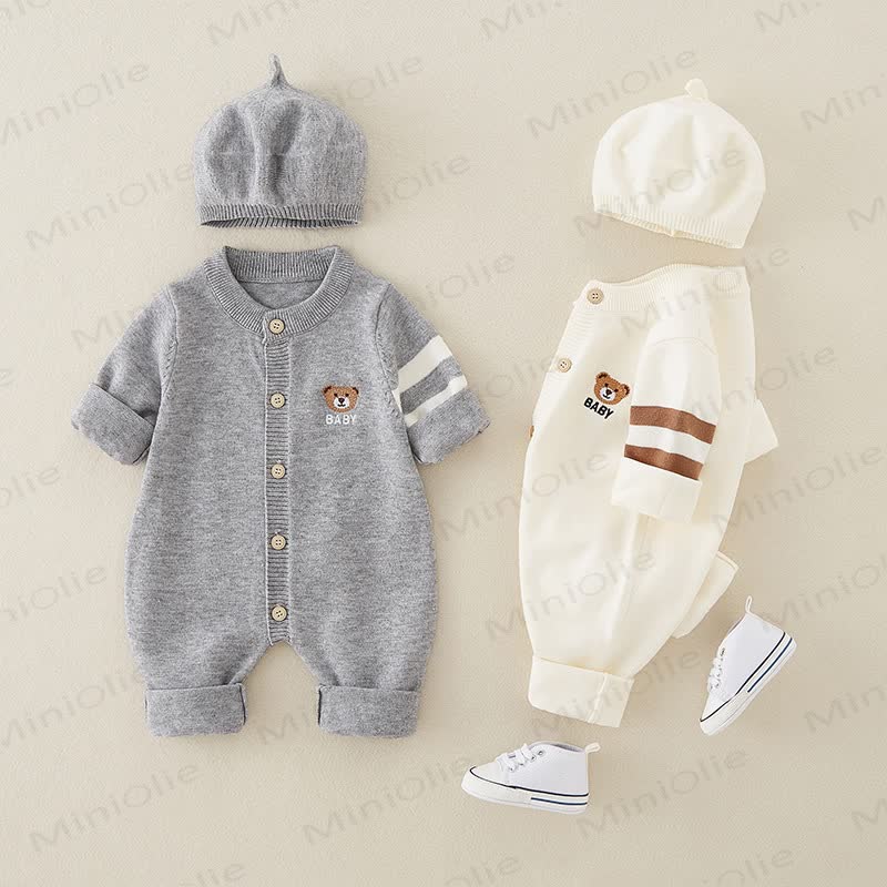 男の子用クマ柄ニットロンパース - image 1