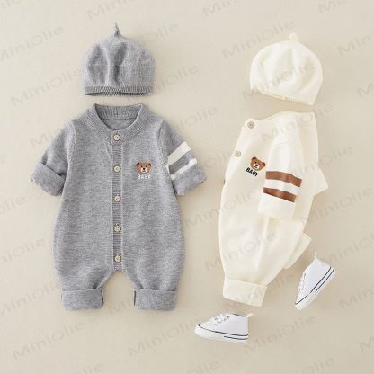 男の子用クマ柄ニットロンパース - image 1
