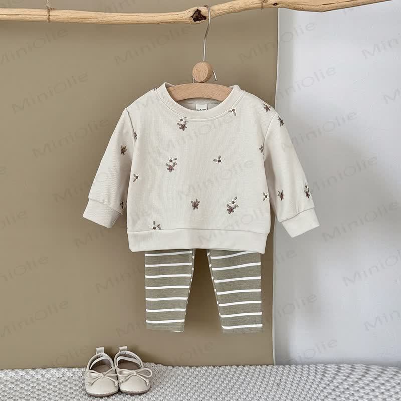 女の子用刺繍フラワーストライプニット2ピースセット - image 6