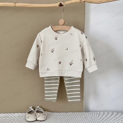 女の子用刺繍フラワーストライプニット2ピースセット - image 6