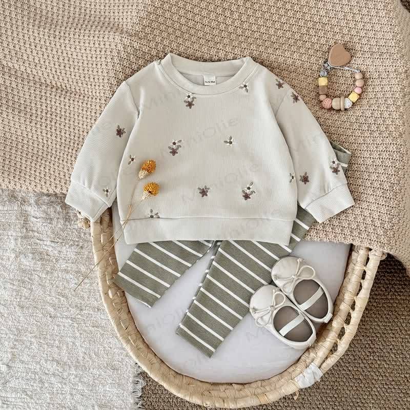 女の子用刺繍フラワーストライプニット2ピースセット - カーキ - 2-3Y - image 1