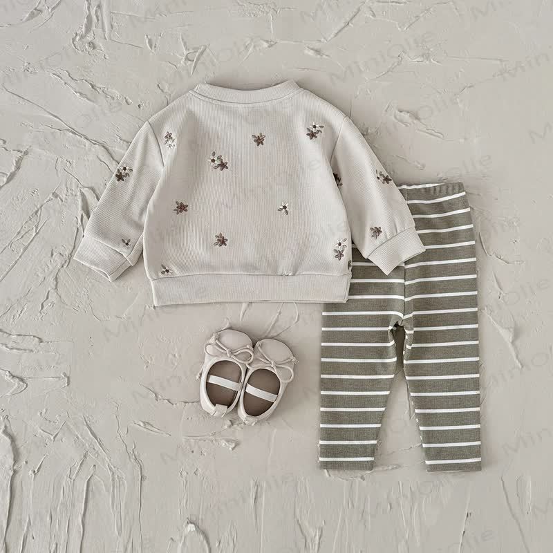 女の子用刺繍フラワーストライプニット2ピースセット - image 5