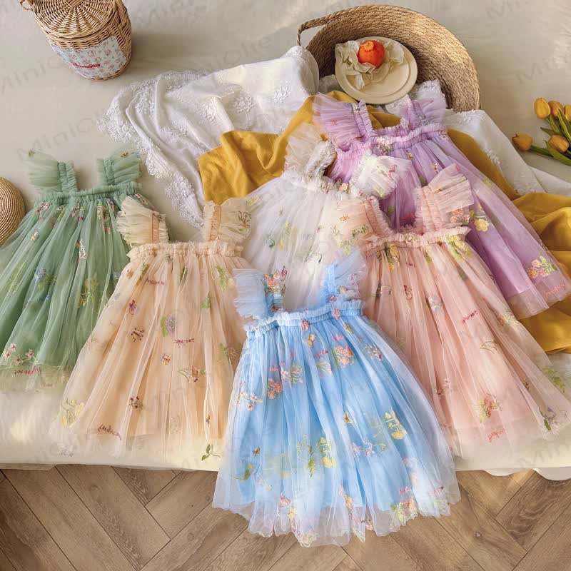 幼児用女の子用フラワーメッシュフライングスリーブDress - image 1