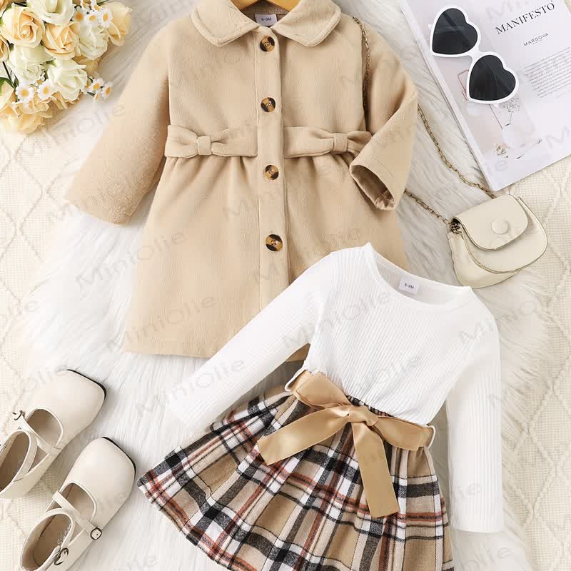 ベビーガールのボウノッチカラーコートとチェックDress - image 2