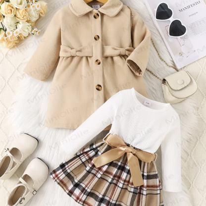 ベビーガールのボウノッチカラーコートとチェックDress - image 2