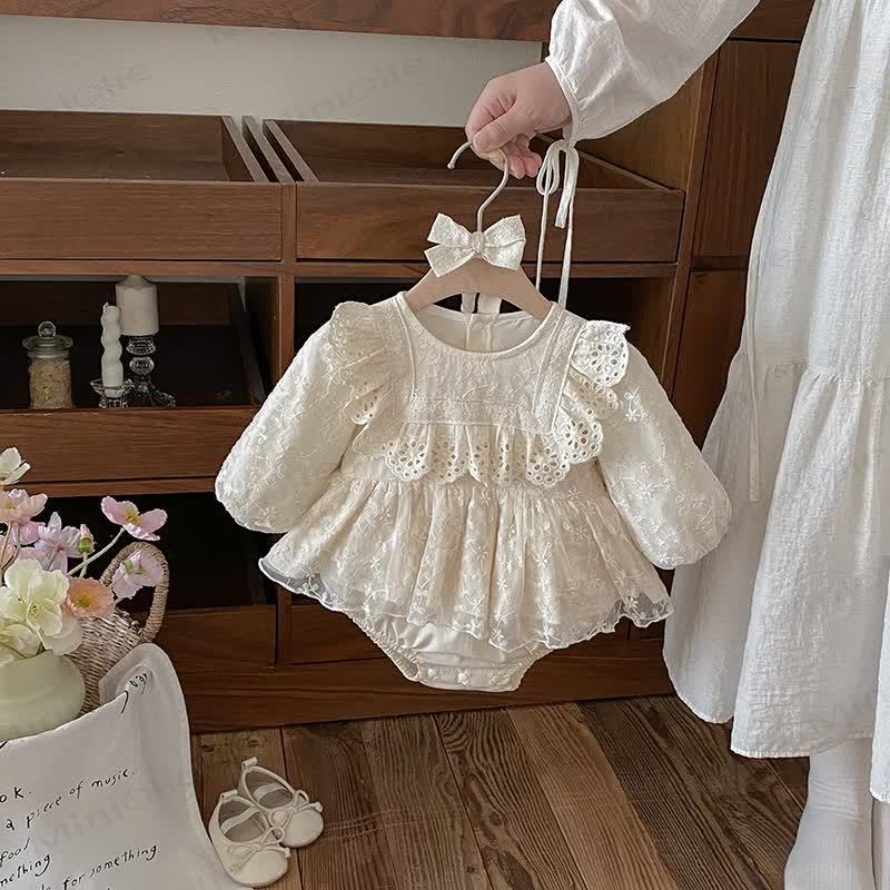 ベビーレーススカート付きベージュボディスーツ（ヘッドバンド付き） - image 2