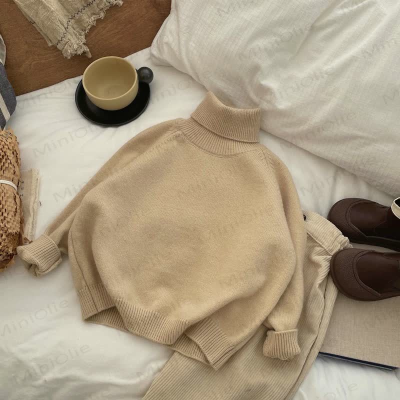 キッズ無地タートルネックセーター - ベージュ - 10歳 - image 2