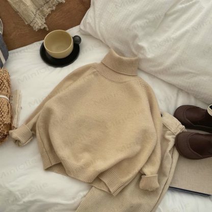 キッズ無地タートルネックセーター - ベージュ - 10歳 - image 2