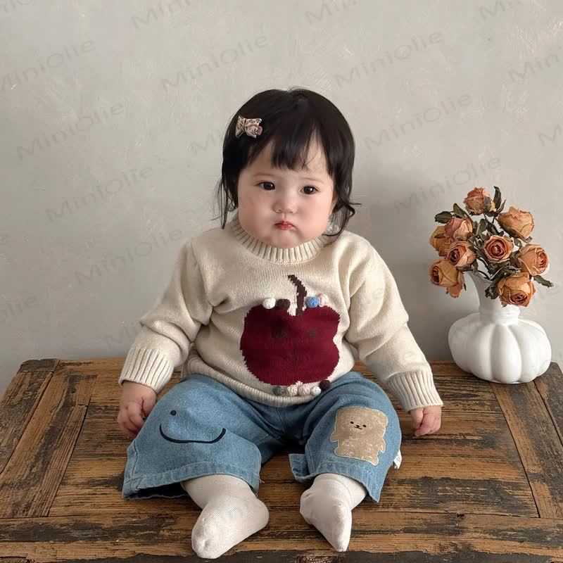 ベビー幼児女の子用ニットアップルセーター＆スマイリーベアデニムパンツ - image 3